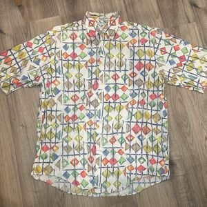 F.A. MacCluer Shirt Men's Size M Short Sleeve White Geometric Colors Button Down